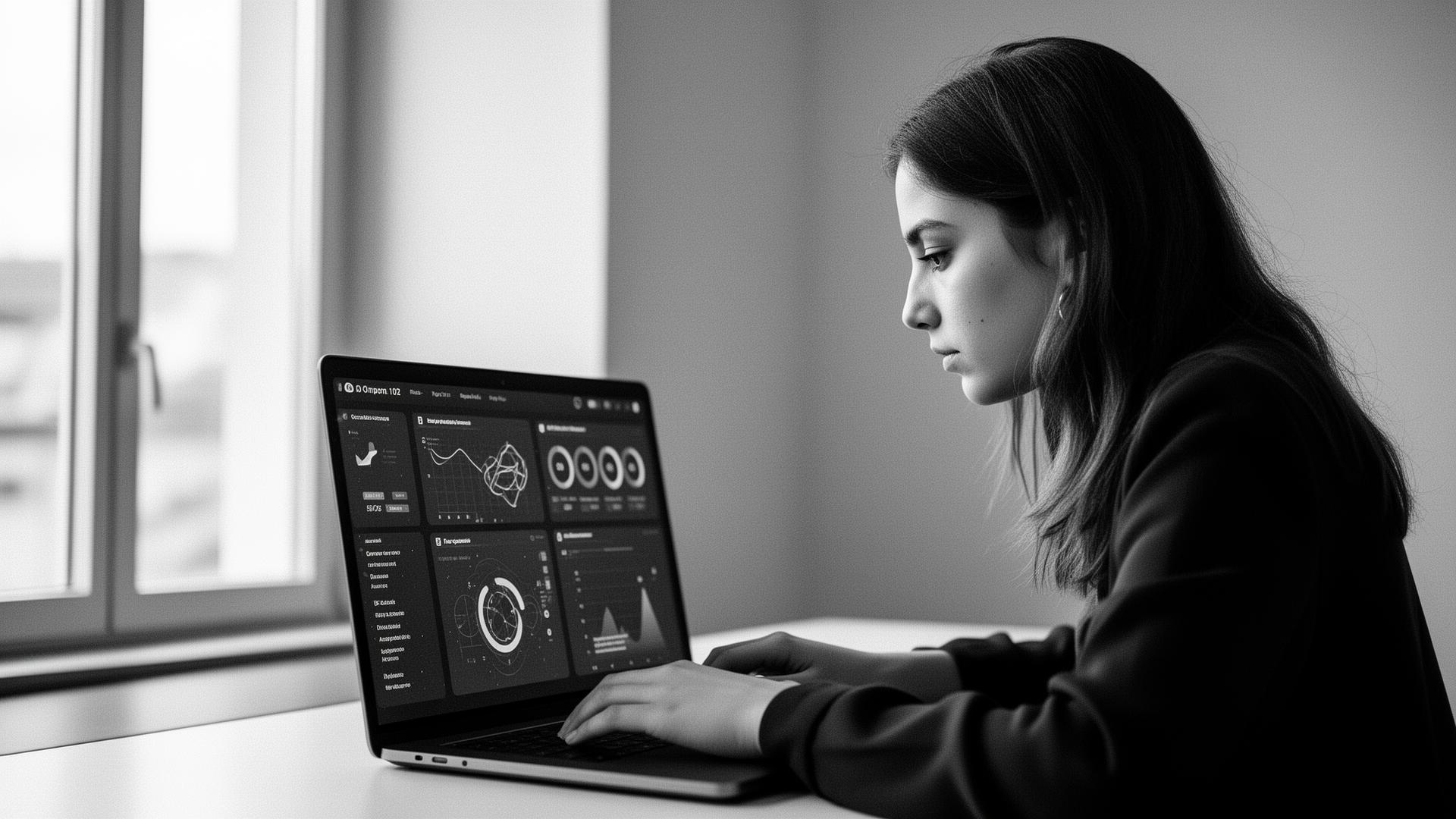 Studentessa che lavora su una dashboard AI in un ufficio luminoso