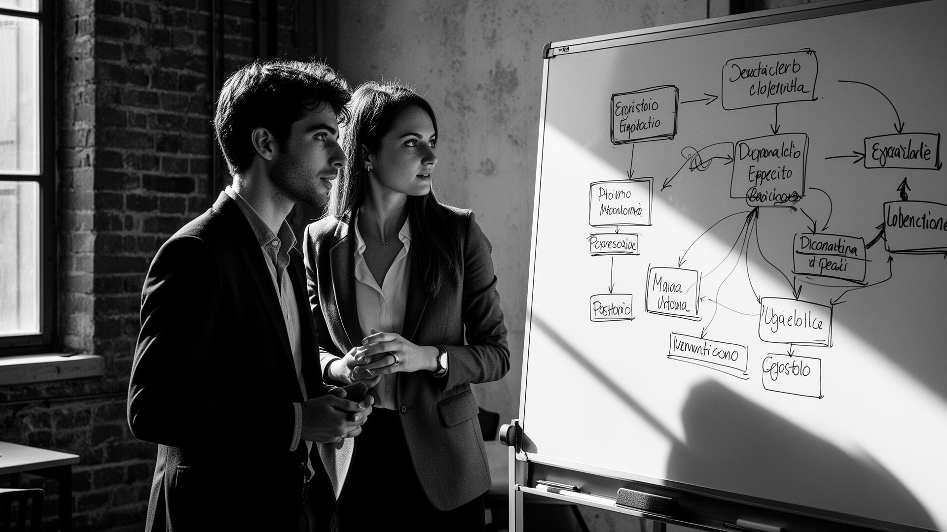 Due giovani professionisti collaborano davanti a una lavagna